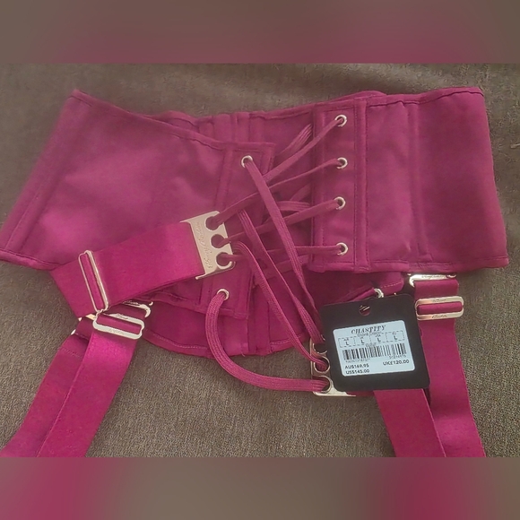 Honey Birdette Other - Honey Birdette  CHASTITY- Magenta Lace-Up Waist Cincher with Garter Straps